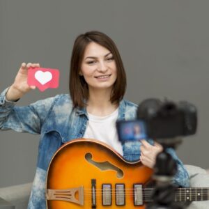 portrait-woman-recording-music-video-home